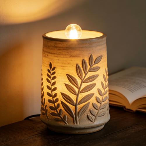 Leaf Embossed Ceramic Night Light - Beige Nature Inspired Bedside Lamp for Bedroom & Living Room