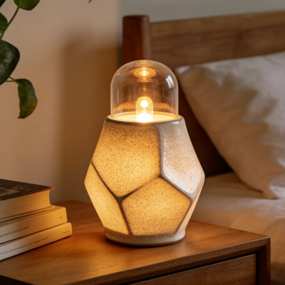 Faceted Geometric Ceramic Table Lamp - White Stoneware Night Light with Clear Glass Dome for Bedroom