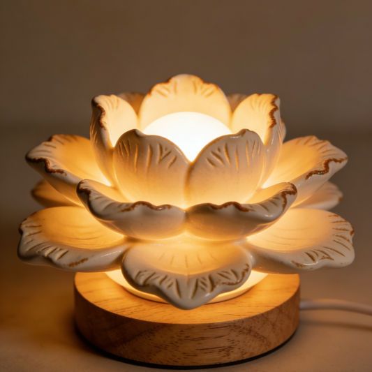 Lotus Flower Ceramic Night Light - Handcrafted Floral Lamp with Wooden Base for Bedroom & Yoga Space